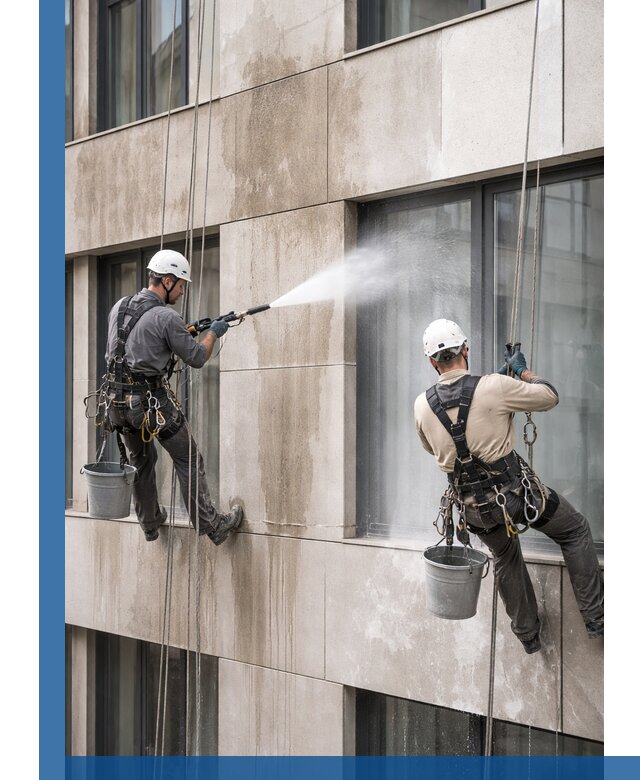 Послестроительная мойка фасада промышленным альпинизмом в Усинске