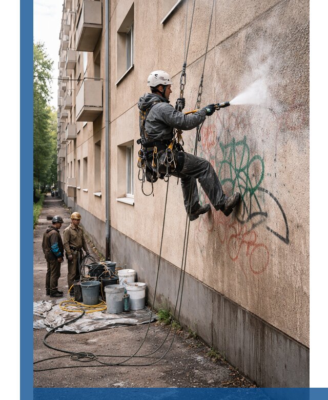 Удаление граффити с фасада в Усинске без следов и повреждений