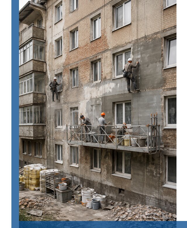 Капитальный ремонт фасада в Усинске с восстановлением и гидроизоляцией