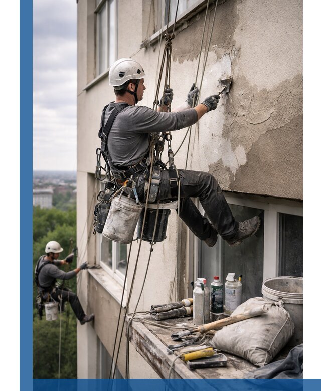 Косметический ремонт фасада зданий в Усинске промышленными альпинистами