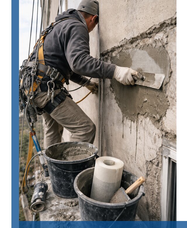 Ремонт бетонных элементов фасада промышленными альпинистами в Усинске