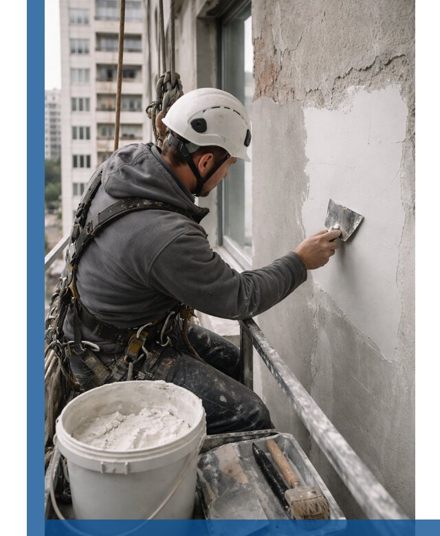 Шпаклевка фасадов на высоте с промальпинистами в Усинске