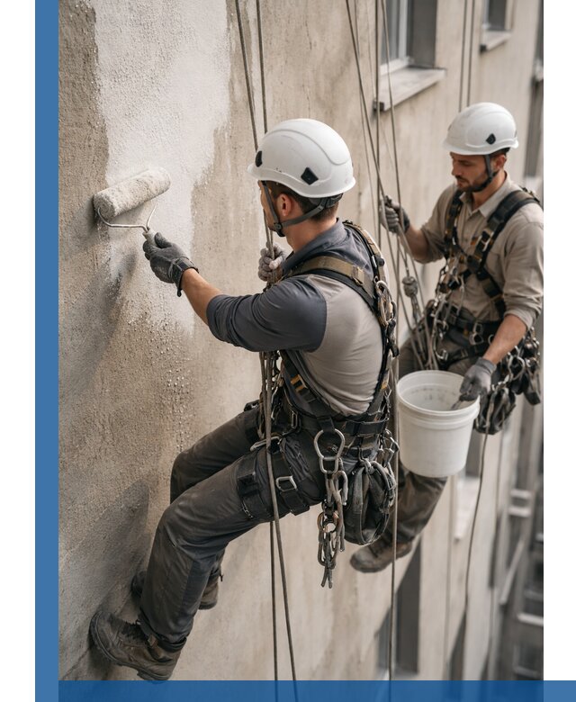 Грунтовка фасада на высоте в Усинске промышленными альпинистами