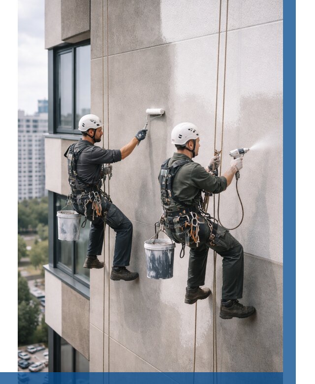 Покраска фасада альпинистами в Усинске от 307 р. | ВЫСОТНИК-Снс