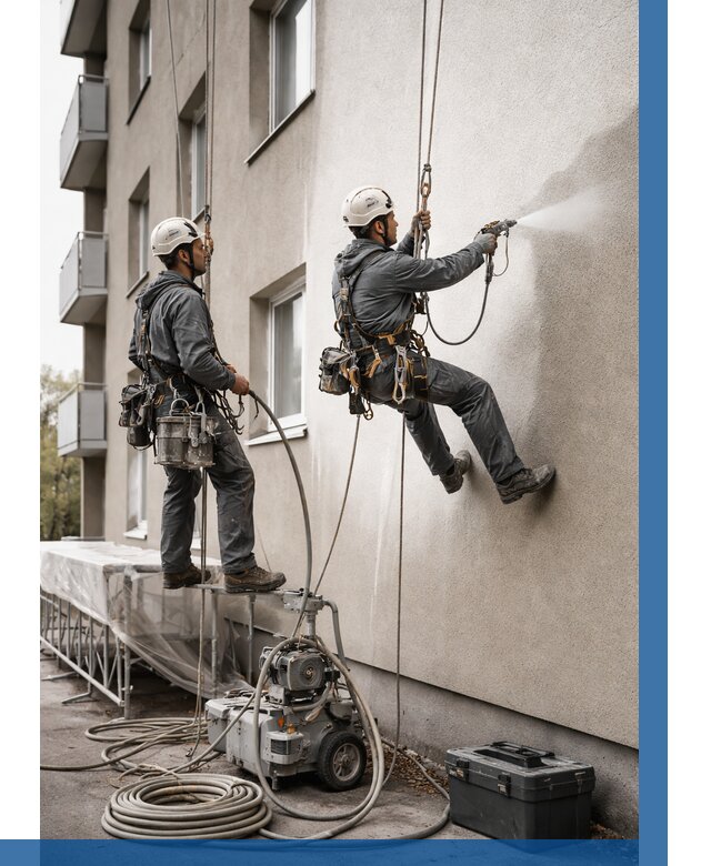 Безвоздушная покраска фасада в Усинске от 225 р/м² | ВЫСОТНИК-Снс