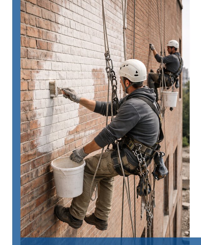 Покраска кирпичного фасада с доступным альпинистским сервисом в Усинске