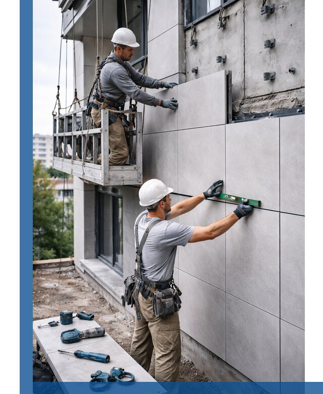 Монтаж керамогранита на фасад в Усинске под ключ с гарантией качества