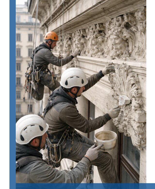 Реставрация фасадной лепнины с высотными работами в Усинске