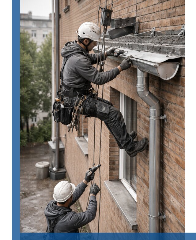 Монтаж водосточной системы на здании в Усинске под ключ