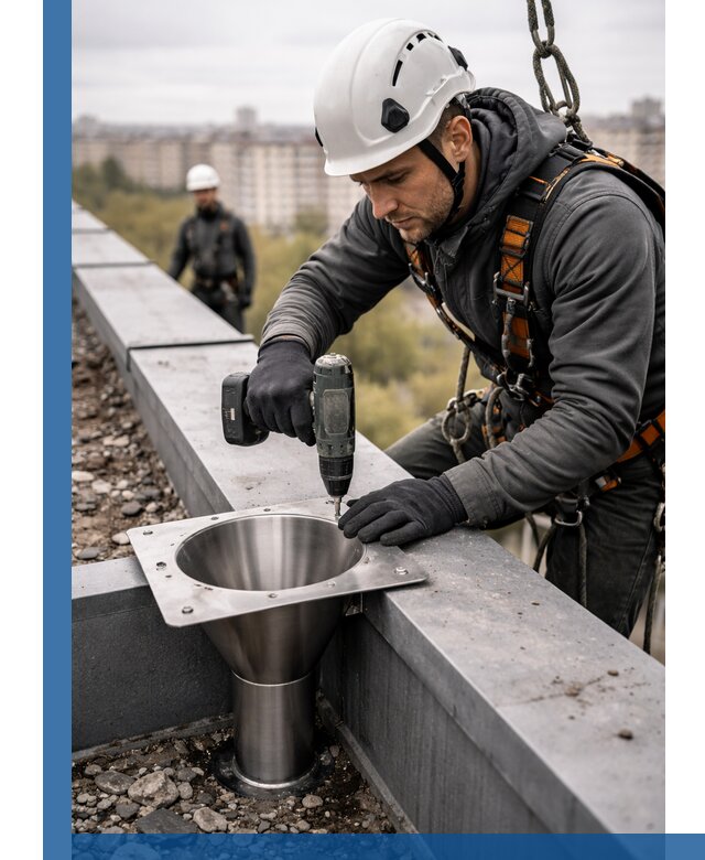 Монтаж водосточных воронок в Усинске для промышленных зданий