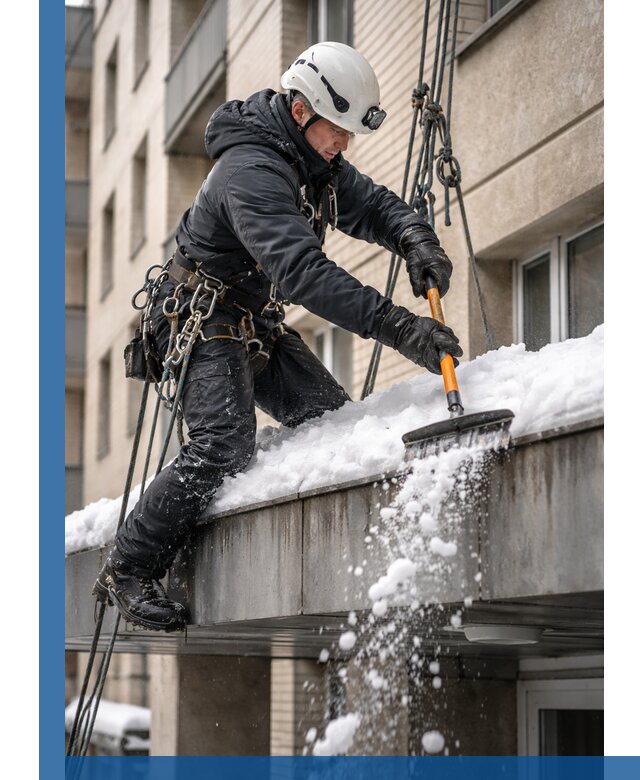 Очистка козырьков от снега в Усинске круглогодично безопасно