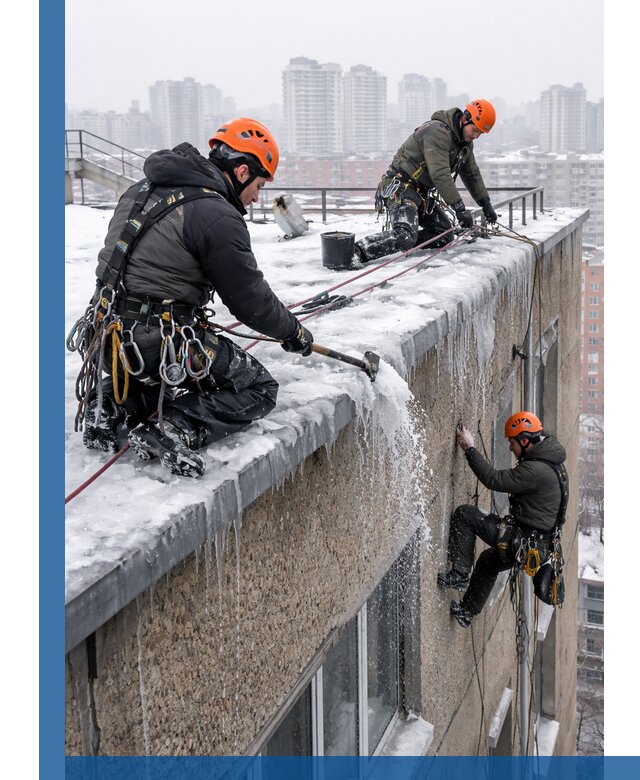 Удаление наледи с кровли в Усинске промышленными альпинистами