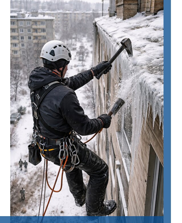 Сбивание сосулек с крыши в Усинске по цене от 4607 р. | ВЫСОТНИК-Снс