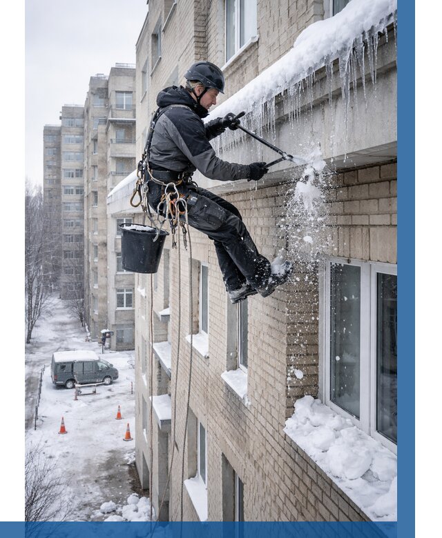 Удаление наледи с карнизов в Усинске от 358 р. | ВЫСОТНИК-Снс