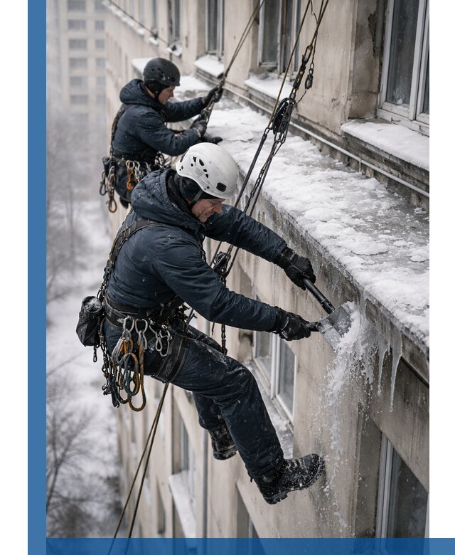 Удаление наледи и сосулек с карнизов в Усинске профессионально