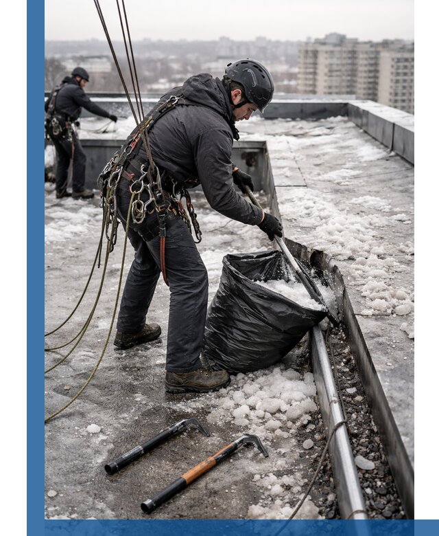 Аварийная очистка кровли в Усинске от промальпинистов