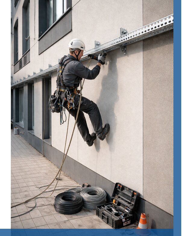 Монтаж кабельных лотков на фасаде в Усинске от 1229 р. | ВЫСОТНИК-Снс