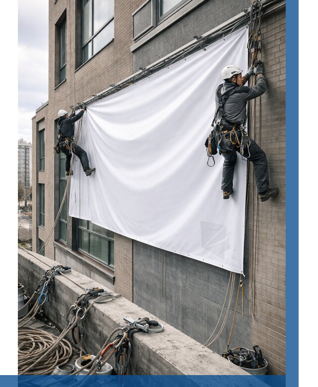 Монтаж баннеров на фасаде в Усинске от 665 р. заказать ВЫСОТНИК-Снс