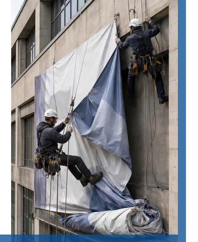 Демонтаж баннеров с фасада в Усинске от 4607 р. | ВЫСОТНИК-Снс