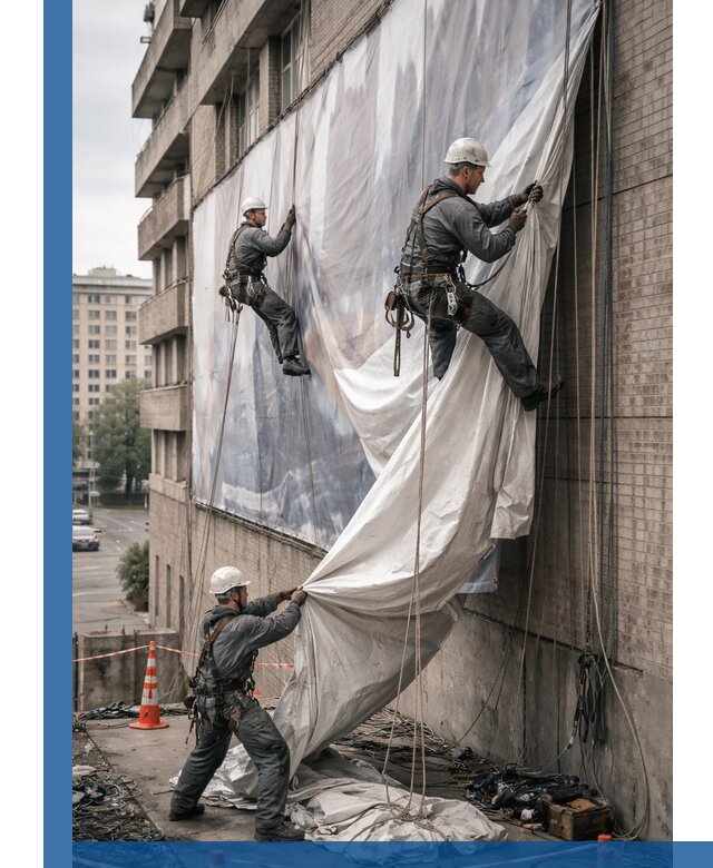 Демонтаж баннеров с фасада в Усинске оперативно и безопасно