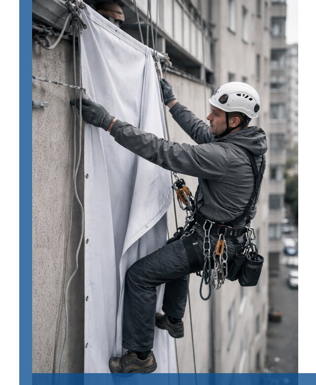 Замена баннерного полотна промышленными альпинистами в Усинске