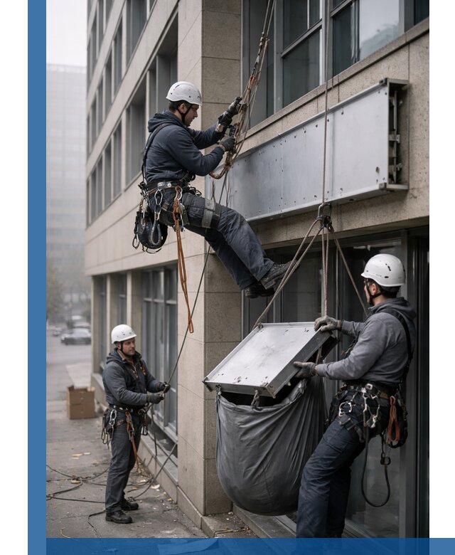 Демонтаж рекламной вывески с высотными работами в Усинске