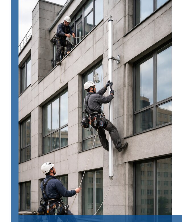 Монтаж флагштока на фасаде здания с креплением и герметикой в Усинске