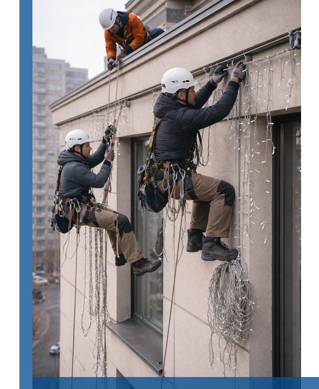 Монтаж праздничных гирлянд на фасаде в Усинске для зданий