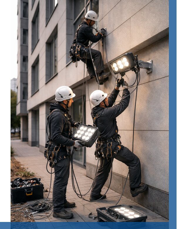 Монтаж прожекторов на фасаде в Усинске от 7679 р. | ВЫСОТНИК-Снс