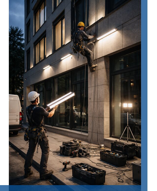 Монтаж архитектурной подсветки здания в Усинске от 2560 р.|ВЫСОТНИК-Снс