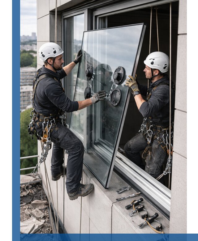 Замена стеклопакетов на высоте с промышленными альпинистами в Усинске