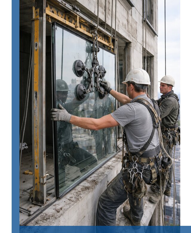 Монтаж стеклопакетов на высоте в Усинске с промышленным альпинизмом