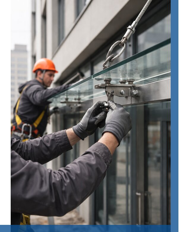 Монтаж стеклянных козырьков в Усинске от 8702 р. | ВЫСОТНИК-Снс