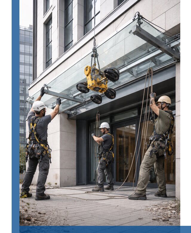 Монтаж стеклянных козырьков под ключ в Усинске для зданий