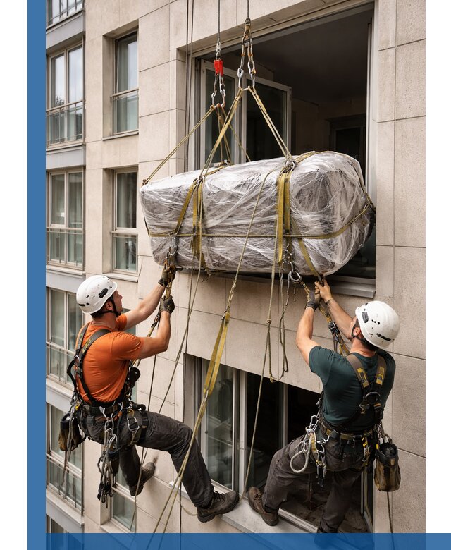 Подъем грузов через окно в Усинске промышленными альпинистами