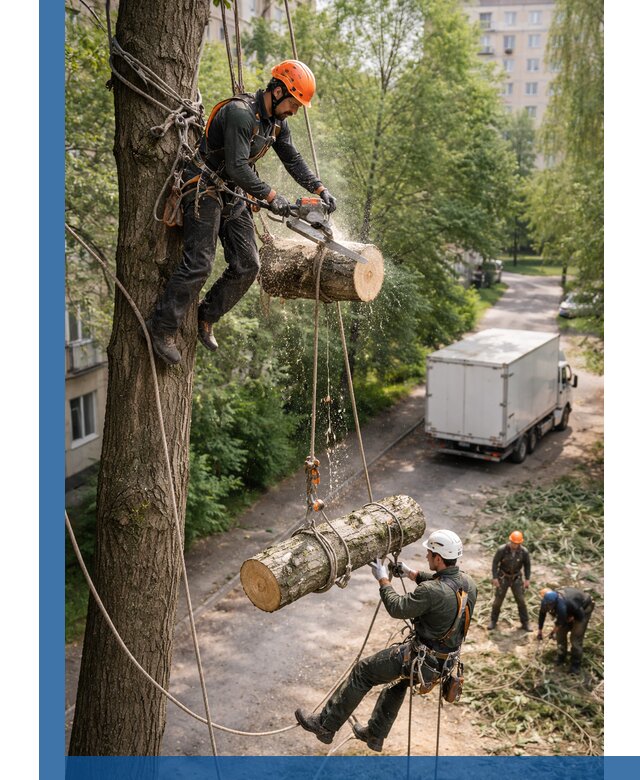 Спил деревьев альпинистами в Усинске, безопасно и без повреждений