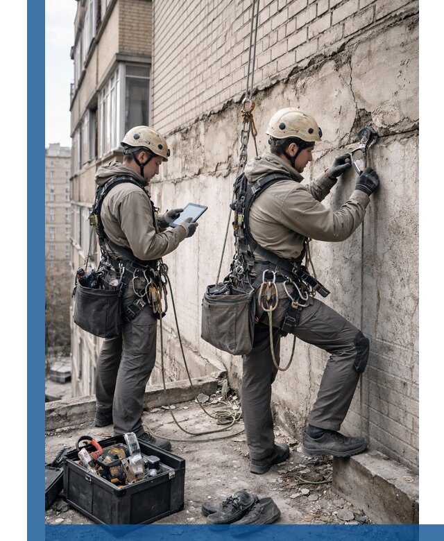 Обследование фасада промышленными альпинистами в Усинске